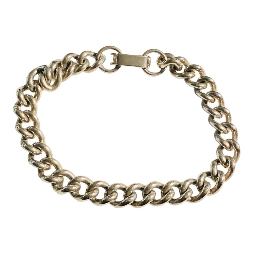 Vintage Goth Chain Chunky Bracelet Silver Tone Fold Over Clasp 6in